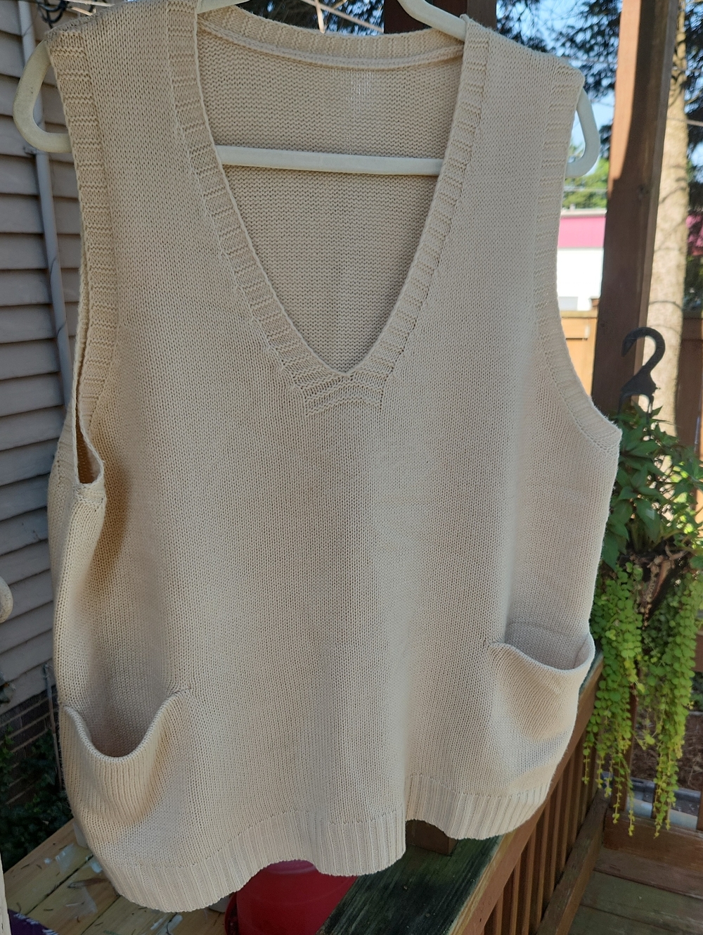 Amazon Beige V-Neck Sweater Vest with Front Pockets